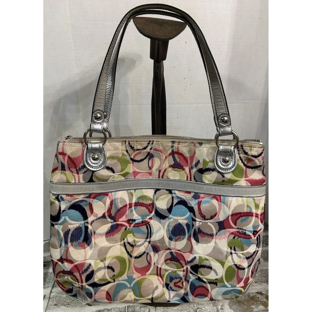 Coach Poppy Ikat Signature C Glam Shoulder Tote Bag Watercolor Print Silver Trim